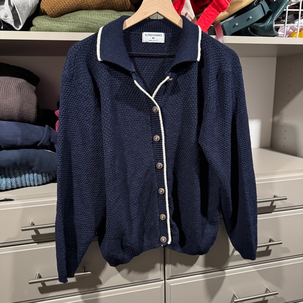 Alfred Dunner Navy and White Knit Cardigan